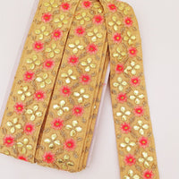 Thumbnail for Beige Art Silk Fabric Trim, Salmon Pink & Gold Floral Embroidery Gota Patti Indian Sari Border Trim By Yard Decorative Trim Craft Lace