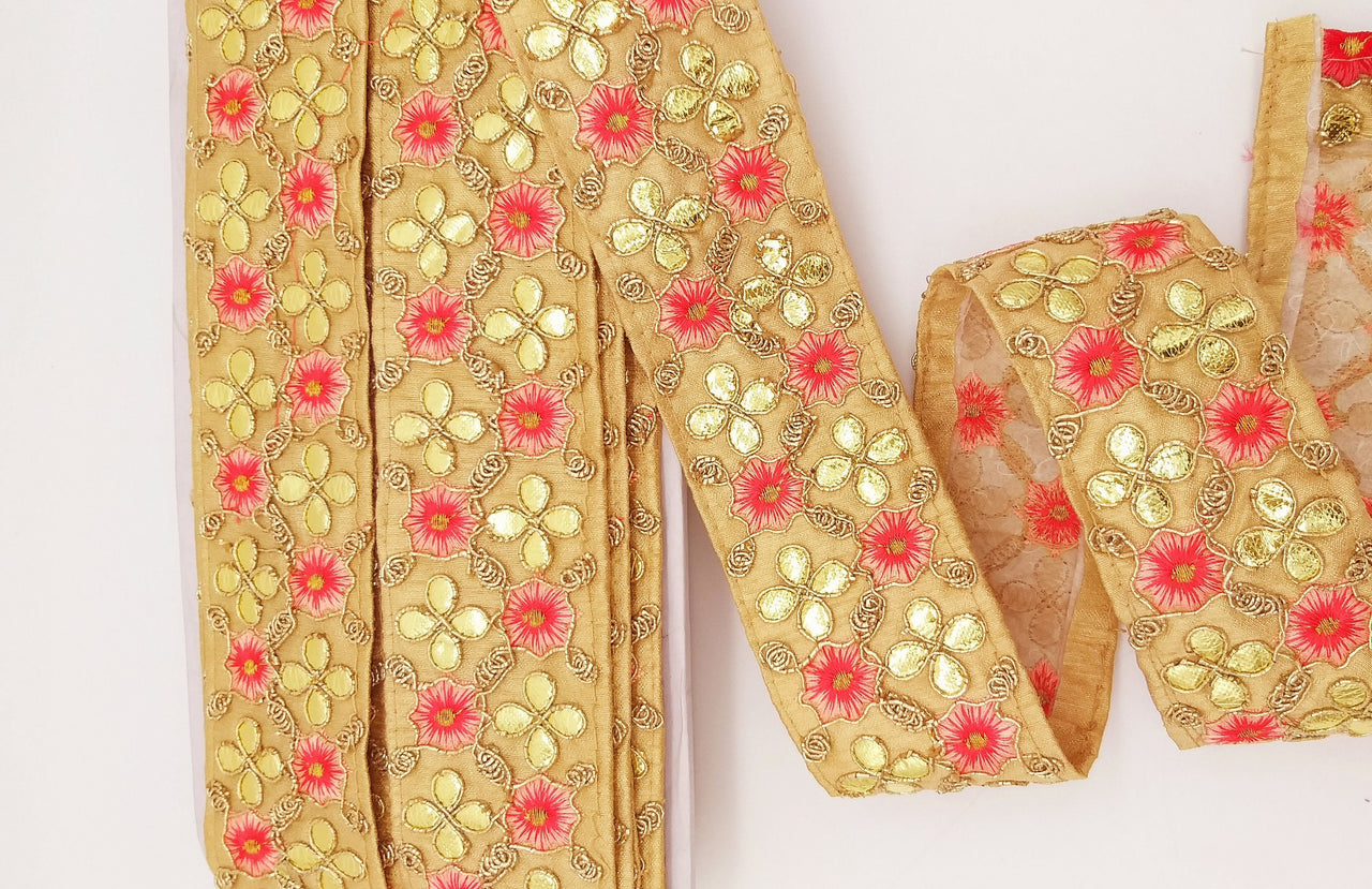 Beige Art Silk Fabric Trim, Salmon Pink & Gold Floral Embroidery Gota Patti Indian Sari Border Trim By Yard Decorative Trim Craft Lace