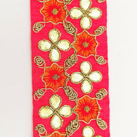 Thumbnail for Radical Red Art Silk Fabric Trim, Orange & Gold Floral Embroidery Gota Patti Indian Sari Border Trim By Yard Decorative Trim Craft Lace