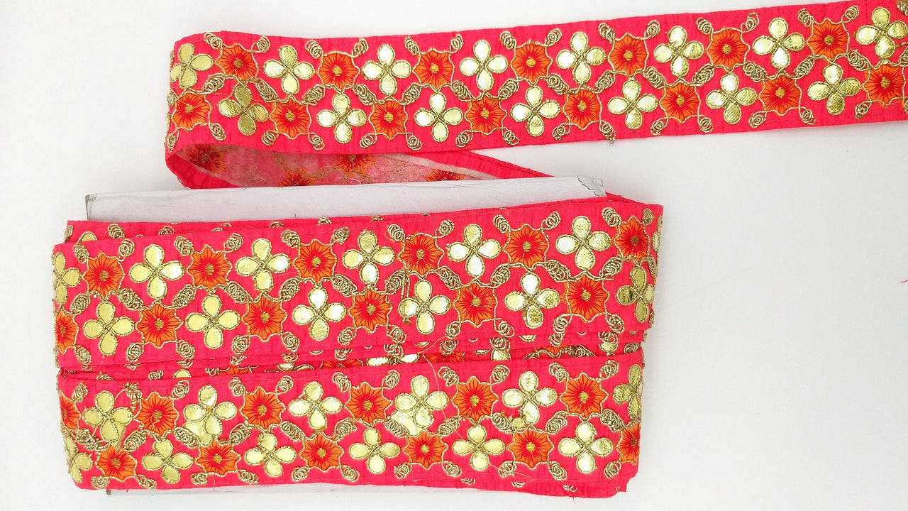 Radical Red Art Silk Fabric Trim, Orange & Gold Floral Embroidery Gota Patti Indian Sari Border Trim By Yard Decorative Trim Craft Lace