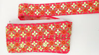 Thumbnail for Radical Red Art Silk Fabric Trim, Orange & Gold Floral Embroidery Gota Patti Indian Sari Border Trim By Yard Decorative Trim Craft Lace