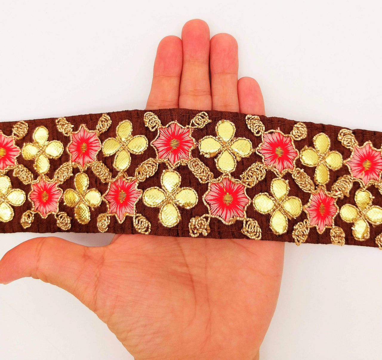 Brown Art Silk Fabric Trim, Salmon Pink & Gold Floral Embroidery Gota Patti Indian Sari Border Trim By Yard Decorative Trim Craft Lace