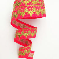 Thumbnail for Radical Red Art Silk Fabric Trim, Gold Floral Embroidery Gota Patti Indian Sari Border Trim By Yard Decorative Trim Craft Lace