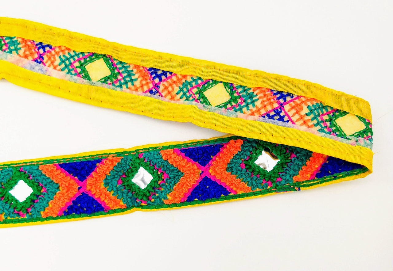 Yellow Cotton Fabric Embroidered Mirrored Trim In Green, Orange & Blue, Bohemian Trim