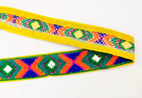 Thumbnail for Yellow Cotton Fabric Embroidered Mirrored Trim In Green, Orange & Blue, Bohemian Trim
