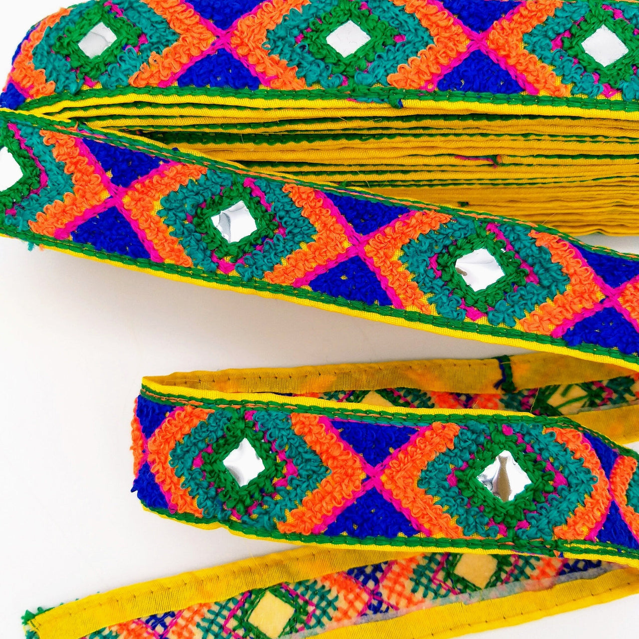 Yellow Cotton Fabric Embroidered Mirrored Trim In Green, Orange & Blue, Bohemian Trim