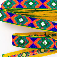 Thumbnail for Yellow Cotton Fabric Embroidered Mirrored Trim In Green, Orange & Blue, Bohemian Trim