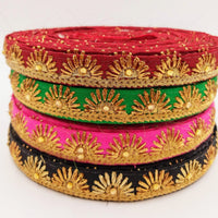 Thumbnail for Embroidered Green Silk Trim With Gold Embroidery, Lace Trim By 2 Yard, Decorative Trimming