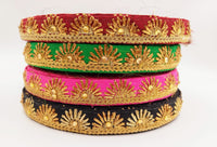 Thumbnail for Embroidered Green Silk Trim With Gold Embroidery, Lace Trim By 2 Yard, Decorative Trimming