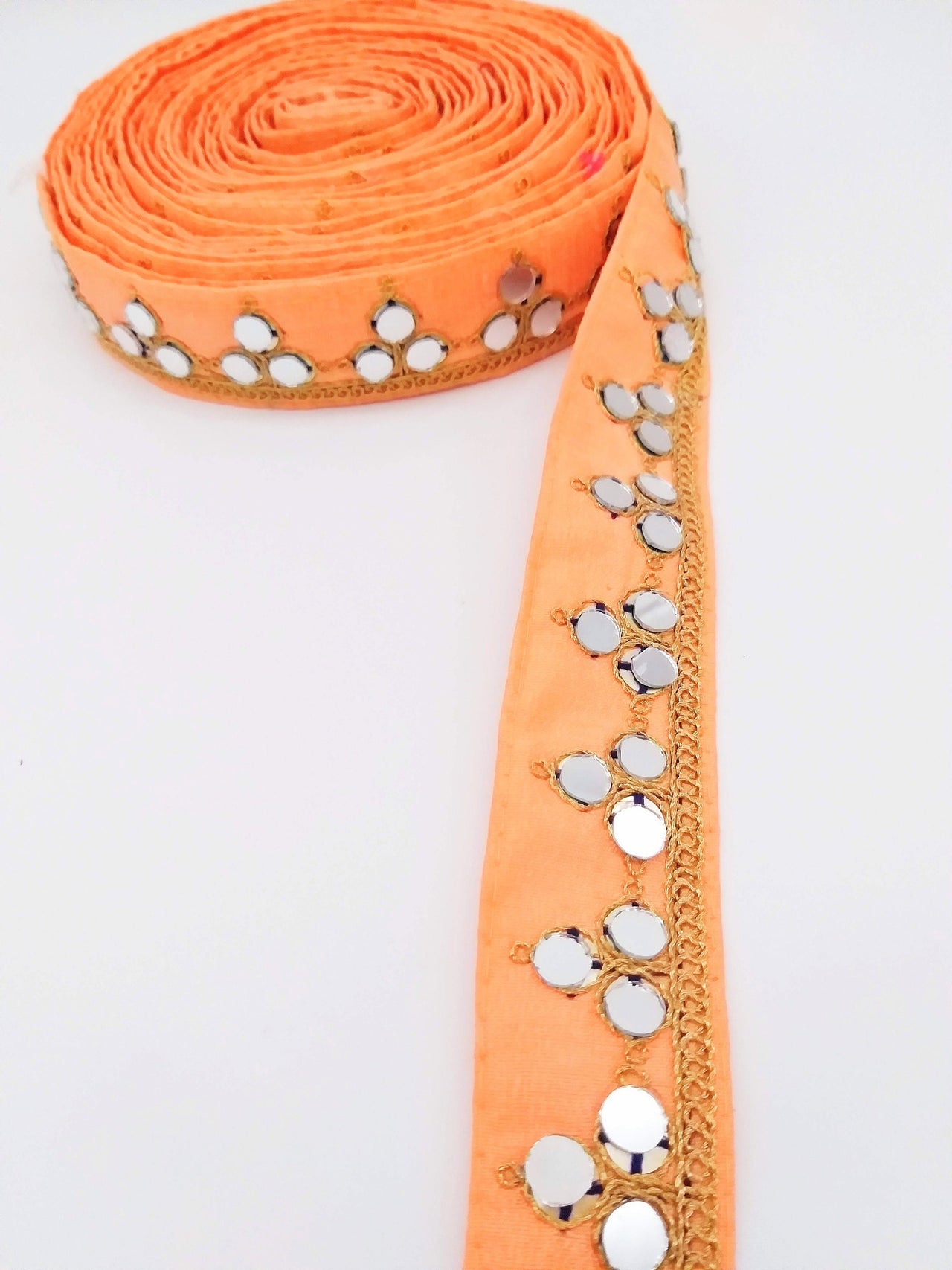 Peach Silk Trim With Mirrors Embellishments and Gold Embroidery, Approx. 34mm Wide, Decorative Trim Costume Trim Fashion Trim By Yard