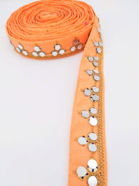 Thumbnail for Peach Silk Trim With Mirrors Embellishments and Gold Embroidery, Approx. 34mm Wide, Decorative Trim Costume Trim Fashion Trim By Yard