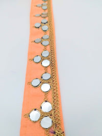 Thumbnail for Peach Silk Trim With Mirrors Embellishments and Gold Embroidery, Approx. 34mm Wide, Decorative Trim Costume Trim Fashion Trim By Yard