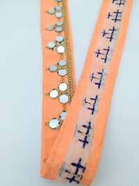 Thumbnail for Peach Silk Trim With Mirrors Embellishments and Gold Embroidery, Approx. 34mm Wide, Decorative Trim Costume Trim Fashion Trim By Yard