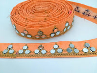 Thumbnail for Peach Silk Trim With Mirrors Embellishments and Gold Embroidery, Approx. 34mm Wide, Decorative Trim Costume Trim Fashion Trim By Yard