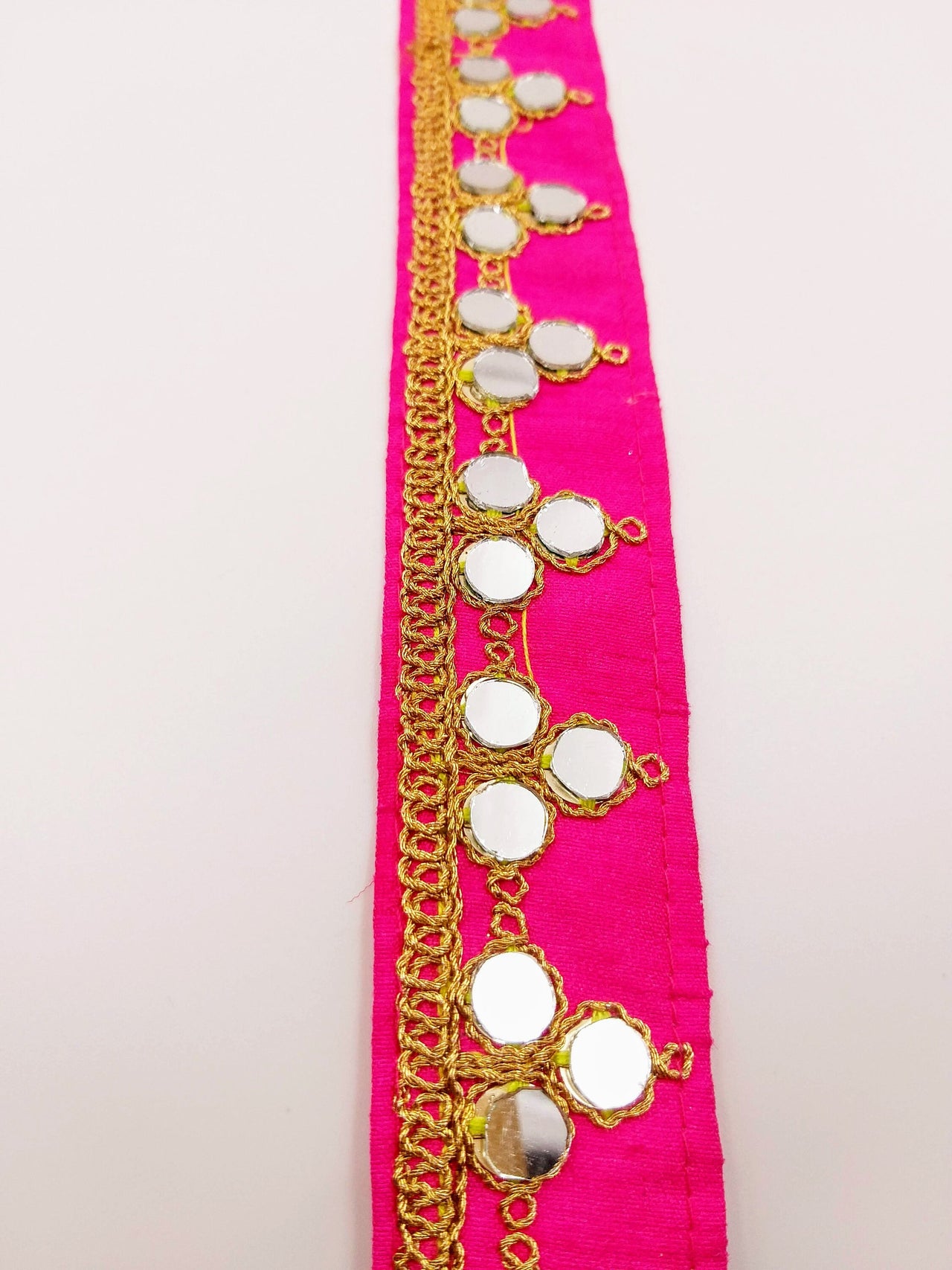 Fuchsia Pink Silk Trim With Mirrors Embellishments and Gold Embroidery, Approx. 34mm Wide, Decorative Trim Costume Trim Fashion Trim By Yard