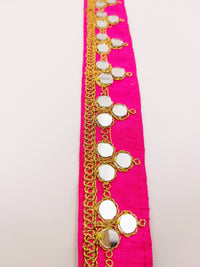 Thumbnail for Fuchsia Pink Silk Trim With Mirrors Embellishments and Gold Embroidery, Approx. 34mm Wide, Decorative Trim Costume Trim Fashion Trim By Yard