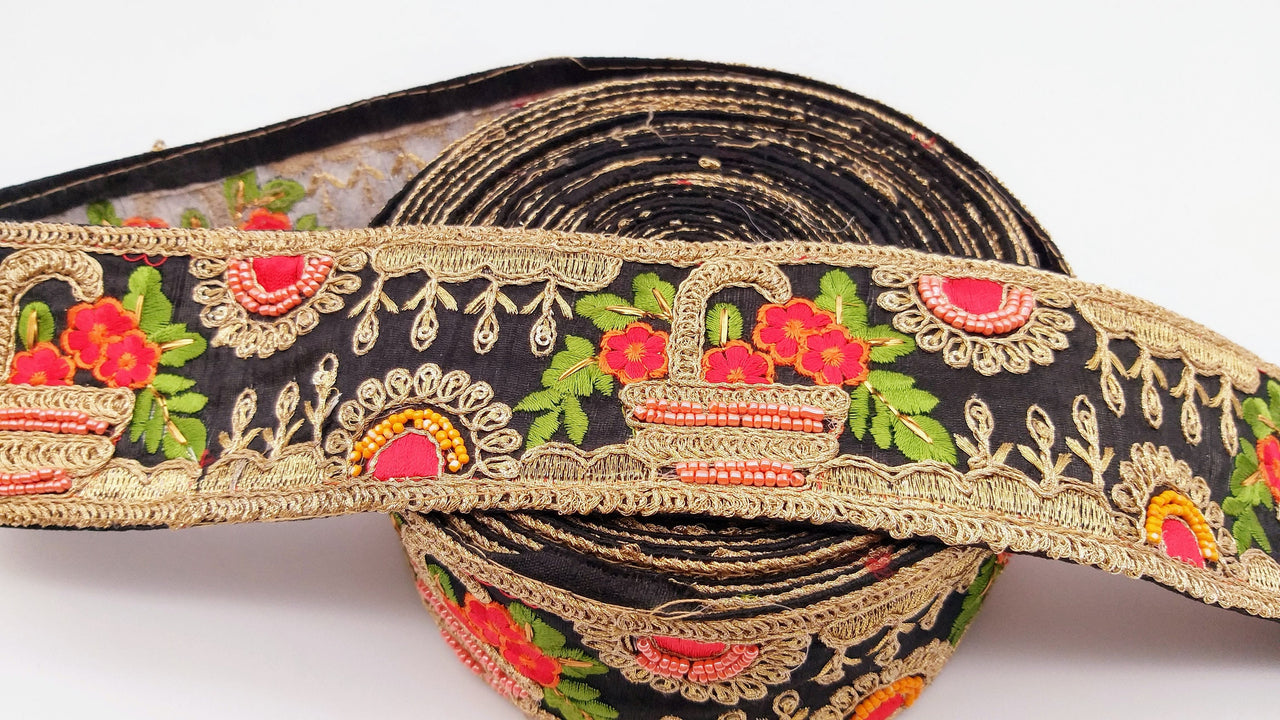 Black Art Silk Fabric Trim With Green, Orange, Red And Gold Floral Embroidery
