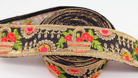 Thumbnail for Black Art Silk Fabric Trim With Green, Orange, Red And Gold Floral Embroidery
