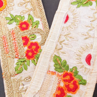Thumbnail for Beige Art Silk Fabric Trim With Green, Orange, Red And Gold Floral Embroidery