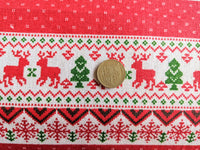 Thumbnail for Reindeer Snowflakes Stripes Canvas Fabric, Red And White Fabric, Scandinavian Christmas Fabric