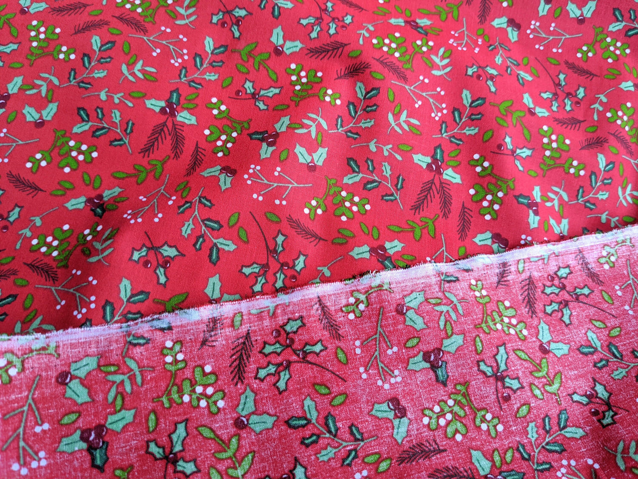 Red Sally Polycotton Holly Leaves Christmas Fabric, Festive Fabric, Holiday Fabric
