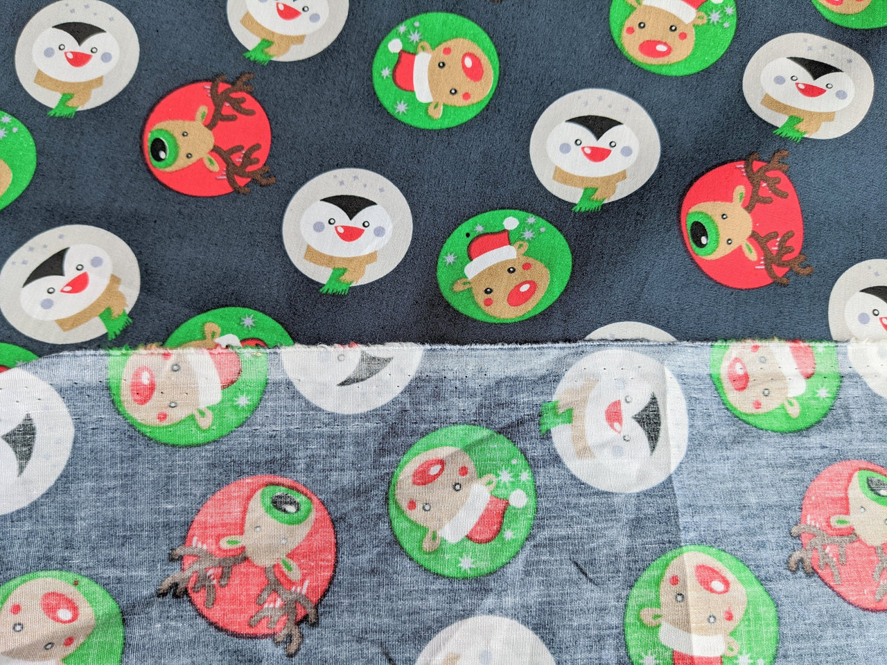 Blue Reindeers Penguins Cotton Poplin Fabric Christmas Fabric, Festive Fabric, Holiday Fabric