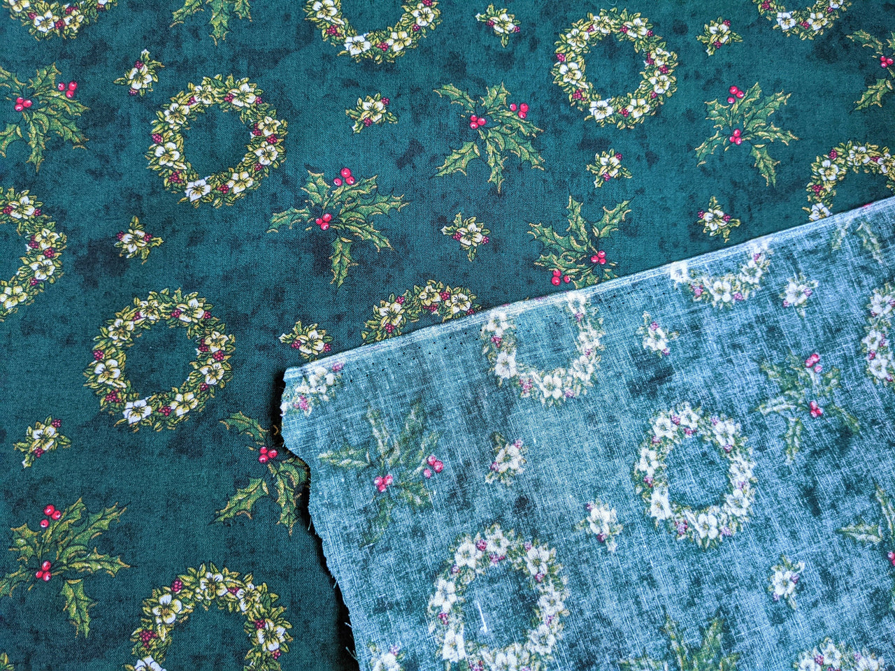 Bottle Green Christmas Wreaths Cotton Fabric Christmas Fabric, Festive Fabric, Holiday Fabric