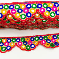 Thumbnail for Beige Multicoloured Indian Mirror Trim, Kutch Embroidered Navratri Garba Dress Trim Bridal Lace, Indian Sari Border 42 mm Wide Trim Per Yard