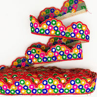 Thumbnail for Beige Multicoloured Indian Mirror Trim, Kutch Embroidered Navratri Garba Dress Trim Bridal Lace, Indian Sari Border 42 mm Wide Trim Per Yard