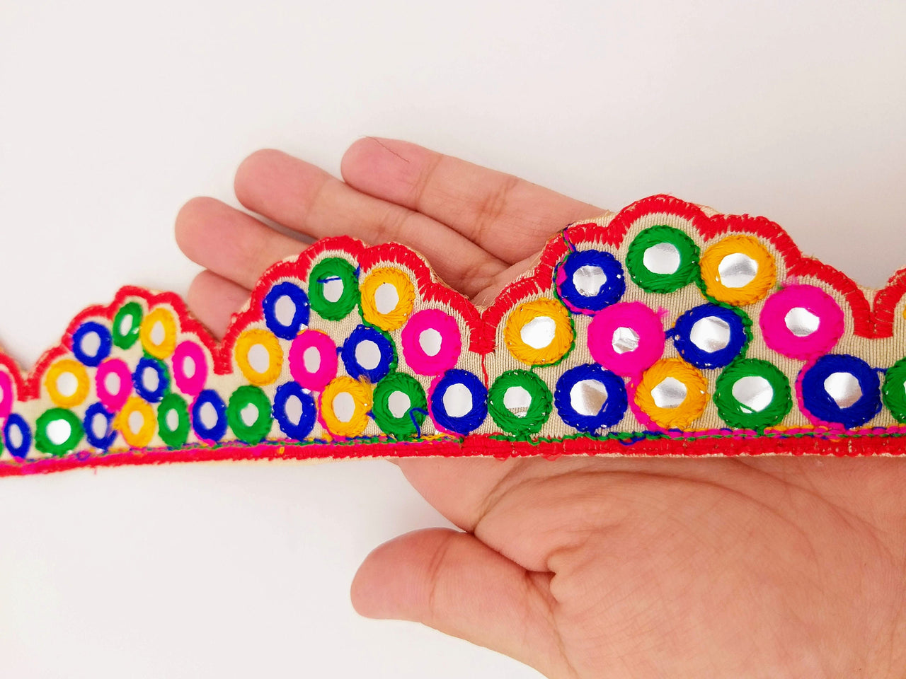 Beige Multicoloured Indian Mirror Trim, Kutch Embroidered Navratri Garba Dress Trim Bridal Lace, Indian Sari Border 42 mm Wide Trim Per Yard
