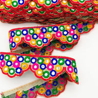 Thumbnail for Beige Multicoloured Indian Mirror Trim, Kutch Embroidered Navratri Garba Dress Trim Bridal Lace, Indian Sari Border 42 mm Wide Trim Per Yard