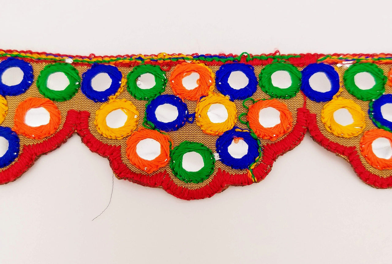 Brown Multicoloured Indian Mirror Trim, Kutch Embroidered Navratri Garba Dress Trim Bridal Lace, Indian Sari Border 42 mm Wide Trim Per Yard