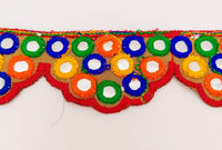Thumbnail for Brown Multicoloured Indian Mirror Trim, Kutch Embroidered Navratri Garba Dress Trim Bridal Lace, Indian Sari Border 42 mm Wide Trim Per Yard