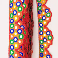 Thumbnail for Brown Multicoloured Indian Mirror Trim, Kutch Embroidered Navratri Garba Dress Trim Bridal Lace, Indian Sari Border 42 mm Wide Trim Per Yard