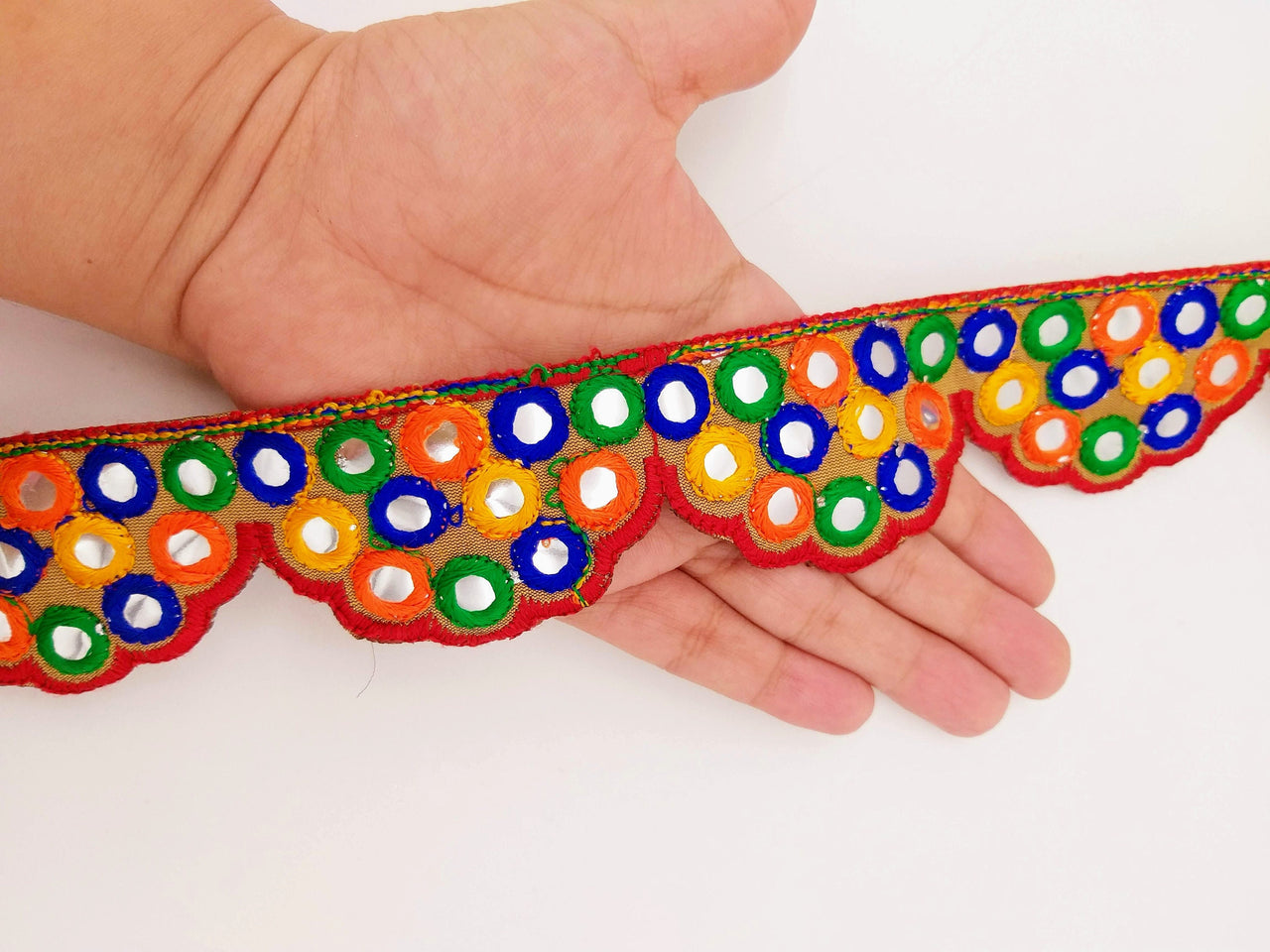 Brown Multicoloured Indian Mirror Trim, Kutch Embroidered Navratri Garba Dress Trim Bridal Lace, Indian Sari Border 42 mm Wide Trim Per Yard