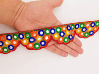 Thumbnail for Brown Multicoloured Indian Mirror Trim, Kutch Embroidered Navratri Garba Dress Trim Bridal Lace, Indian Sari Border 42 mm Wide Trim Per Yard