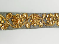 Thumbnail for Grey Silk Fabric Lace Trim With Floral Embroidery And Kundan Embellishment, Decorative Sari Trim, Floral Border Trim By Yard