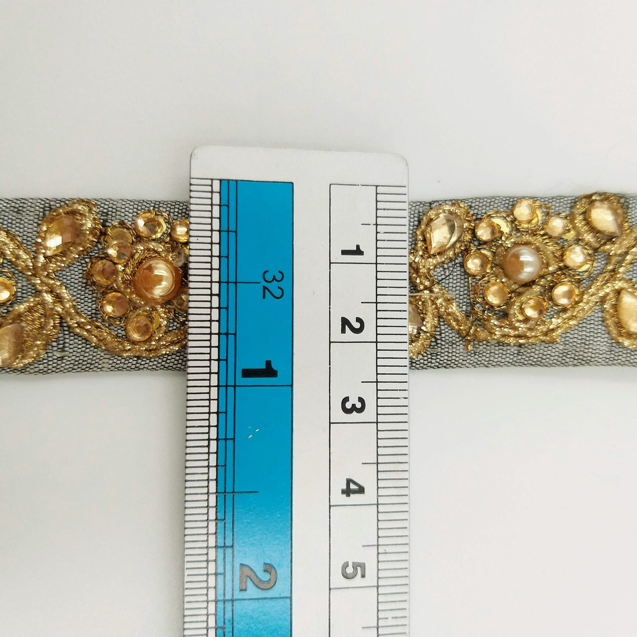 Grey Silk Fabric Lace Trim With Floral Embroidery And Kundan Embellishment, Decorative Sari Trim, Floral Border Trim By Yard