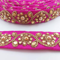 Thumbnail for Fuchsia Pink Silk Fabric Lace Trim Floral Embroidery & Indian Stones Kundan Embellishment, Decorative Sari Trim, Floral Border Trim By Yard