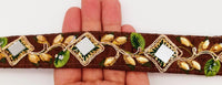 Thumbnail for Brown Silk Trim With Mirrors Embellishments and Floral Embroidery, Approx. 26mm Wide, Decorative Trim Costume Trim Fashion Trim By Yard