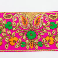 Thumbnail for Fuchsia Pink Art Silk Fabric Trim With Intricate Floral Embroidery, Approx. 90mm wide, Trim By Yard Decorative Sari Border