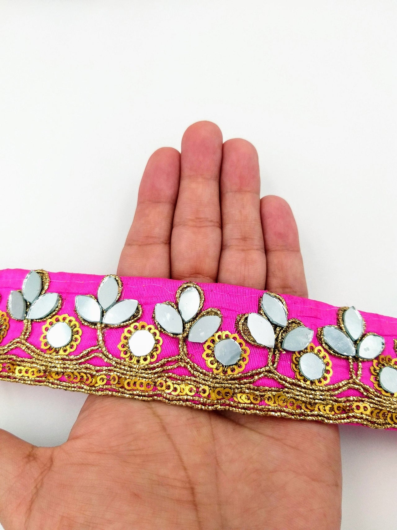 Fuchsia Pink Silk Trim With Mirrors Embellishments and Gold Embroidery, Approx. 34mm Wide, Decorative Trim Costume Trim Fashion Trim By Yard