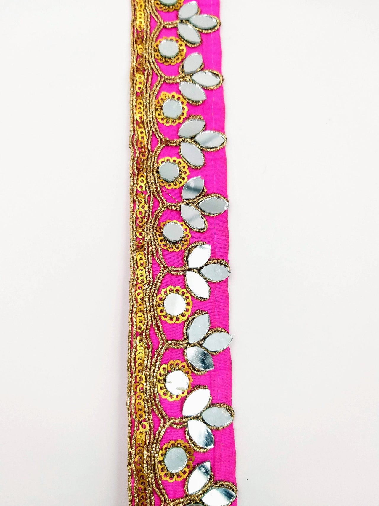 Fuchsia Pink Silk Trim With Mirrors Embellishments and Gold Embroidery, Approx. 34mm Wide, Decorative Trim Costume Trim Fashion Trim By Yard
