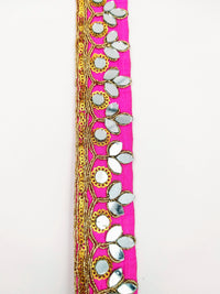 Thumbnail for Fuchsia Pink Silk Trim With Mirrors Embellishments and Gold Embroidery, Approx. 34mm Wide, Decorative Trim Costume Trim Fashion Trim By Yard