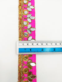 Thumbnail for Fuchsia Pink Silk Trim With Mirrors Embellishments and Gold Embroidery, Approx. 34mm Wide, Decorative Trim Costume Trim Fashion Trim By Yard