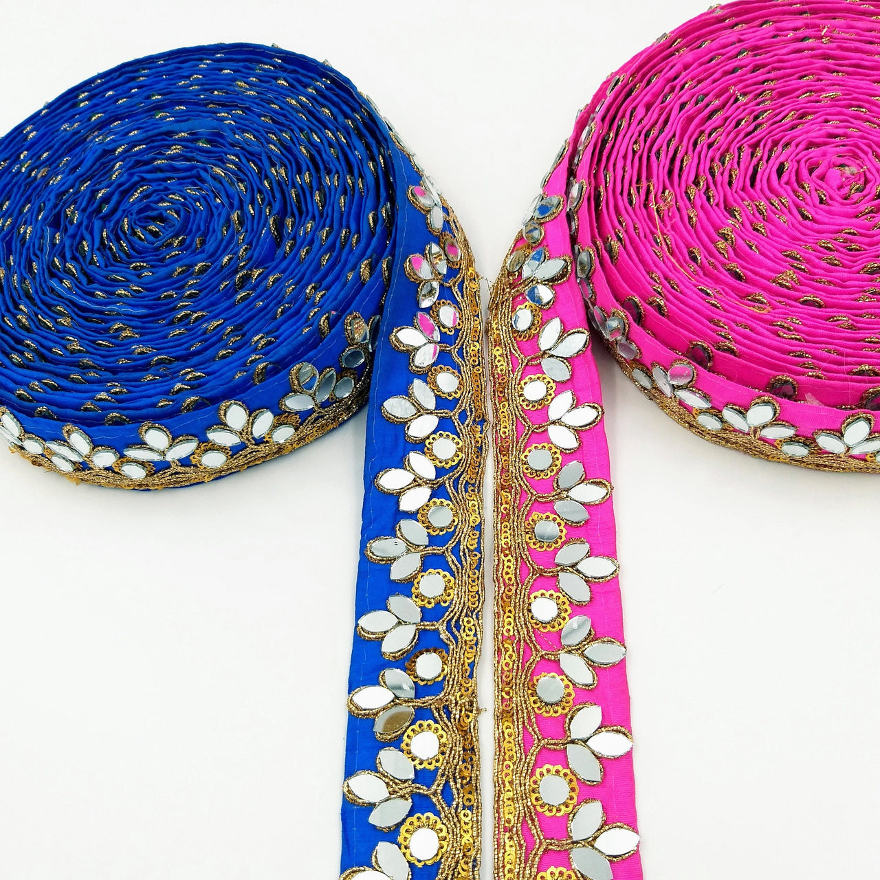 Royal Blue Silk Trim With Mirrors Embellishments and Gold Embroidery, Approx. 34mm Wide, Decorative Trim Costume Trim Fashion Trim By Yard