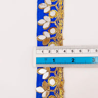 Thumbnail for Royal Blue Silk Trim With Mirrors Embellishments and Gold Embroidery, Approx. 34mm Wide, Decorative Trim Costume Trim Fashion Trim By Yard