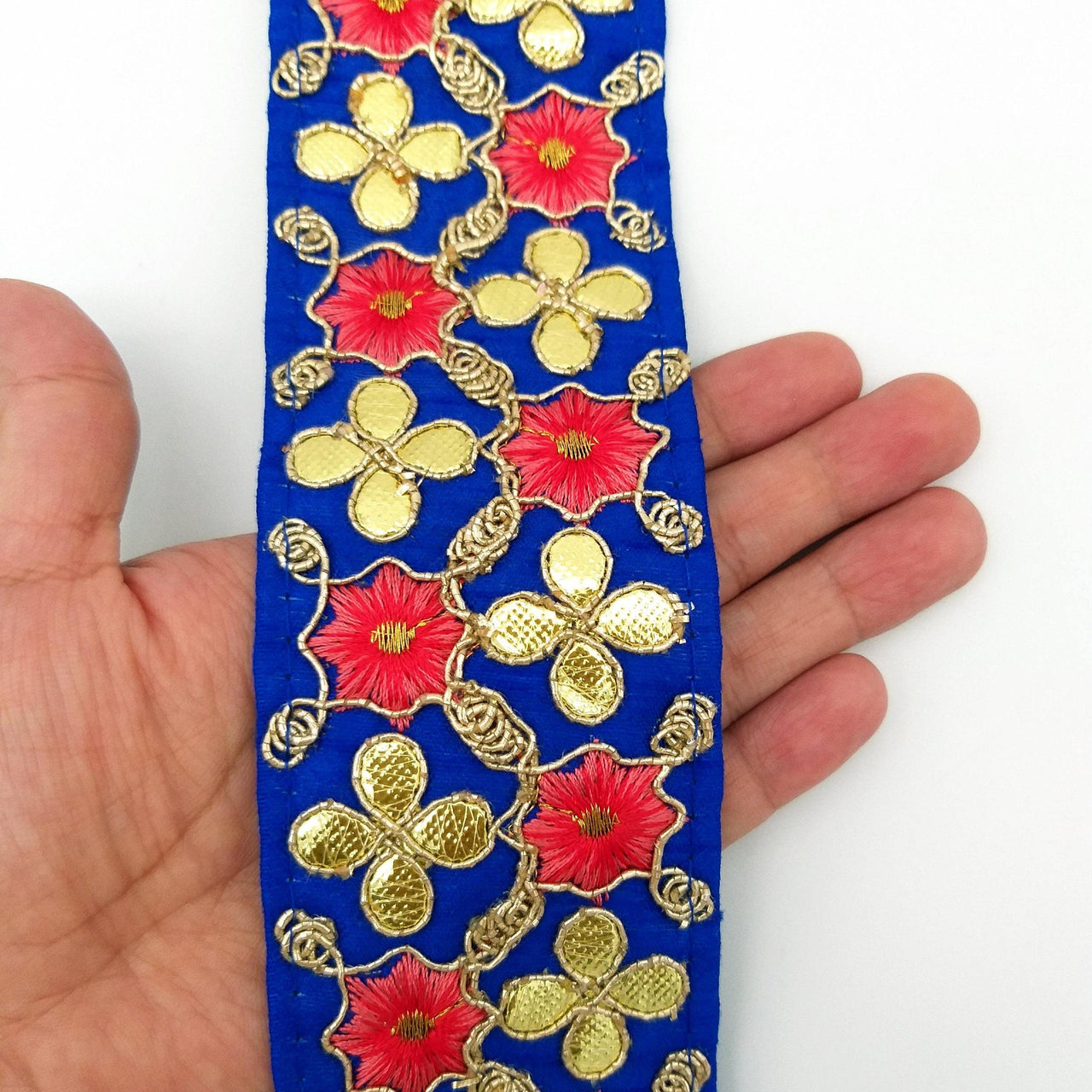 Royal Blue Art Silk Fabric Trim, Salmon Pink & Gold Floral Embroidery Gota Patti Indian Sari Border Trim By Yard Decorative Trim Craft Lace