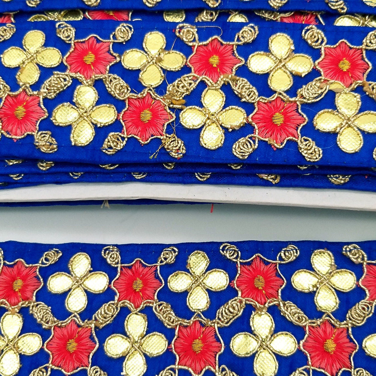 Royal Blue Art Silk Fabric Trim, Salmon Pink & Gold Floral Embroidery Gota Patti Indian Sari Border Trim By Yard Decorative Trim Craft Lace