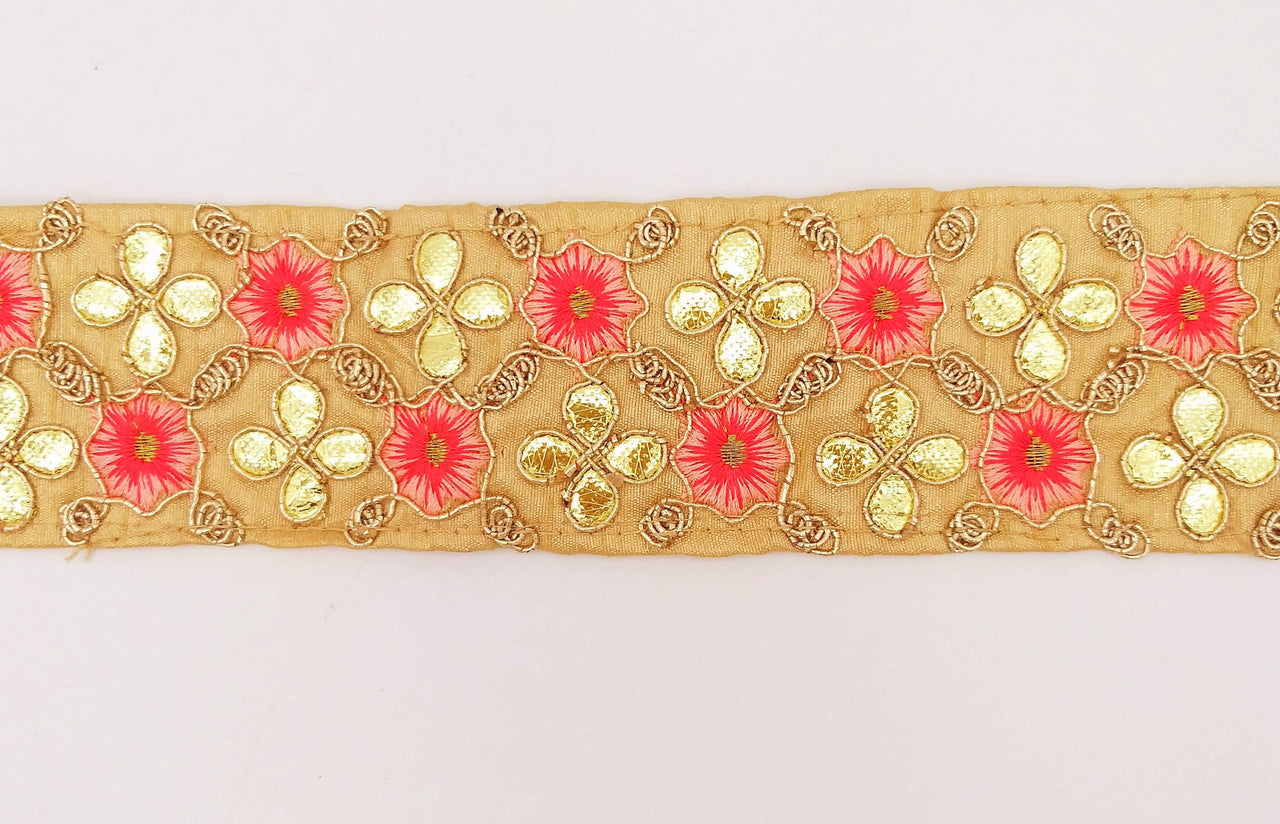 Beige Art Silk Fabric Trim, Salmon Pink & Gold Floral Embroidery Gota Patti Indian Sari Border Trim By Yard Decorative Trim Craft Lace